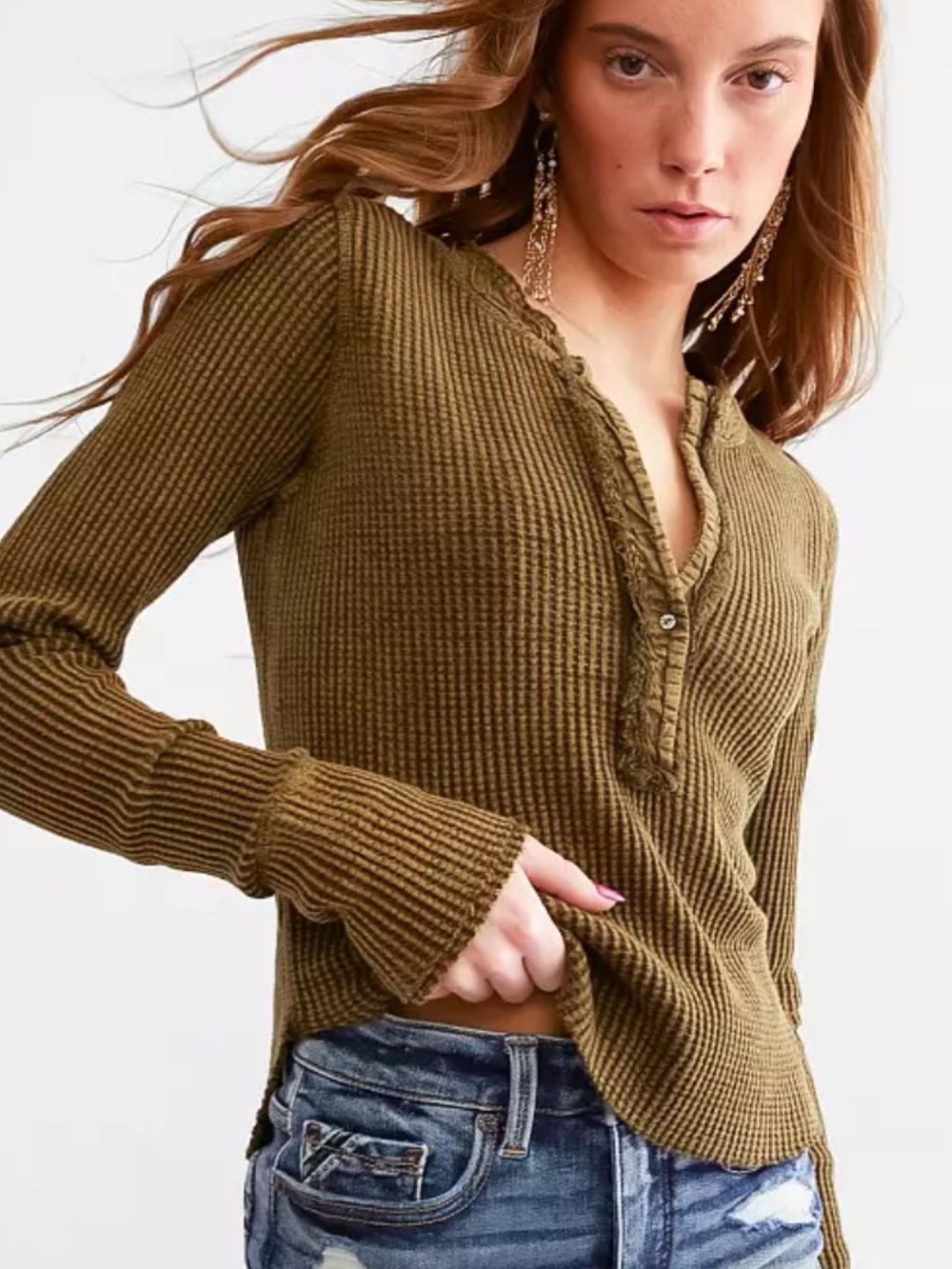 Free People Olive Colt Thermal Henley Top